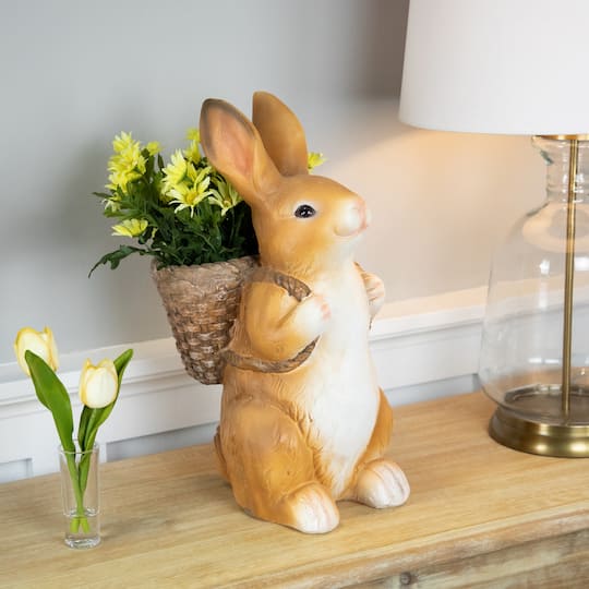16.75" Standing Bunny Carrying a Basket Outdoor Garden Statue